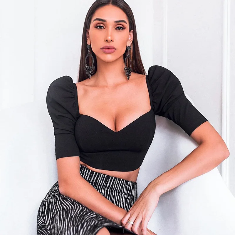 Женская черная блузка с длинным рукавом сексуальный укороченный топ V образным