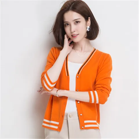 orange Новая мода из чистой шерсти полосатый вязаный женский Vneck короткий свитер кардиган однобортный белый 5 цветов m-xl - Цвет: orange