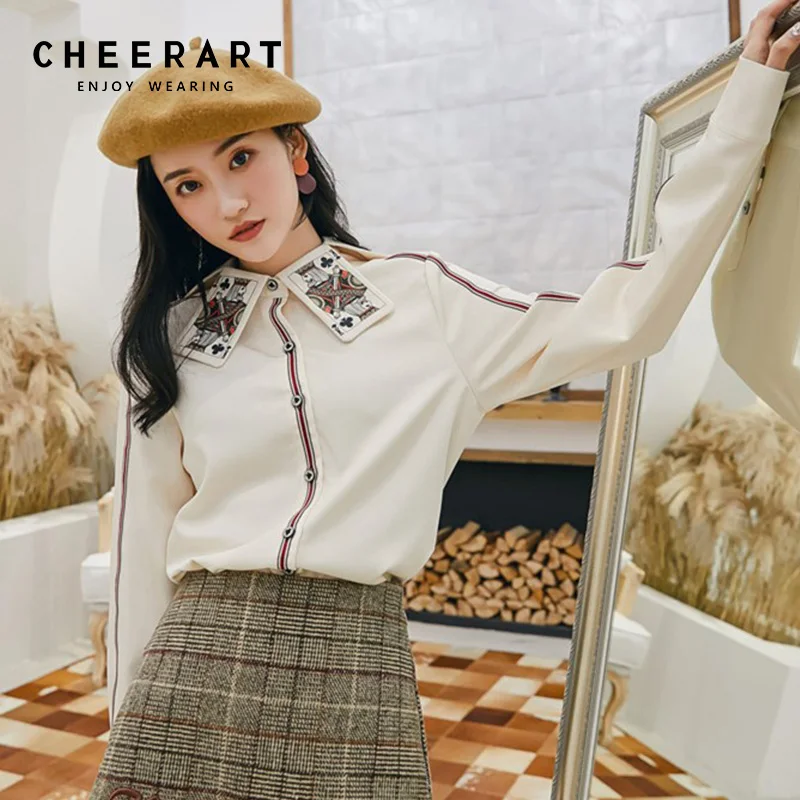 

Cheerart Vintage Shirt Women Poker Print Collar Button Up Designer Shirt Long Sleeve High Fashion Blouse Top Femme Clothing