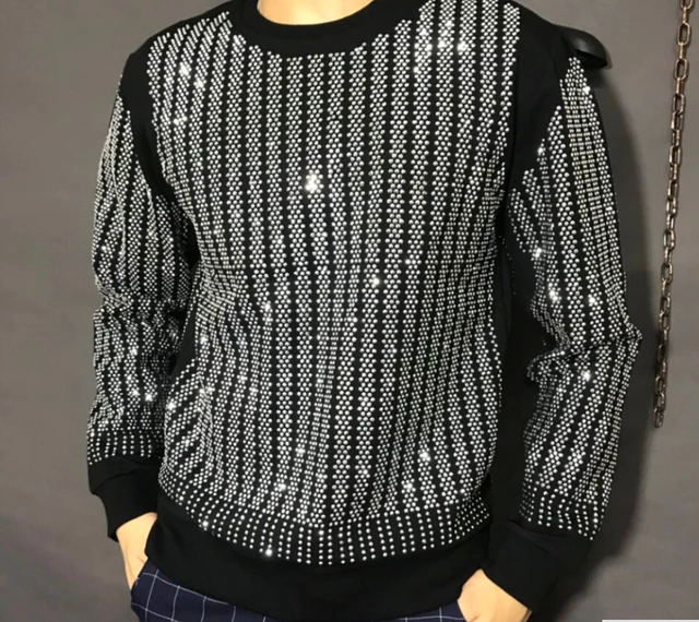 Winter Fashion High Street Style Rhinestone Sweatshrit Men Casual