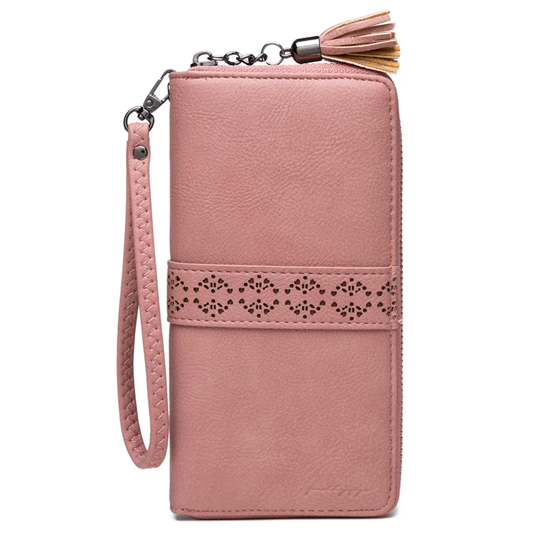 dark pink Выдолбленный длинный женский кошелек Цветочная сумка клатч с бахромой на молнии винтажная монета с изображением женщины кошелек свежий женский держатель для карт клатч для девочки кошелек - Цвет: dark pink