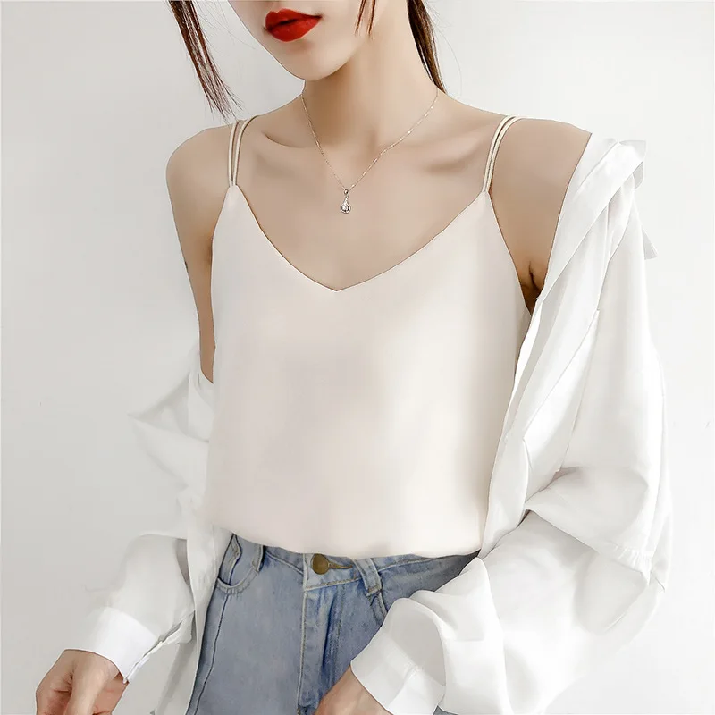 Sexy Strap T Shirt Women New Summer Backless Printed Chiffon Bottoming Small Camisole Top Female Sleeveless Beach Casual T Shirt - Color: apricot 816