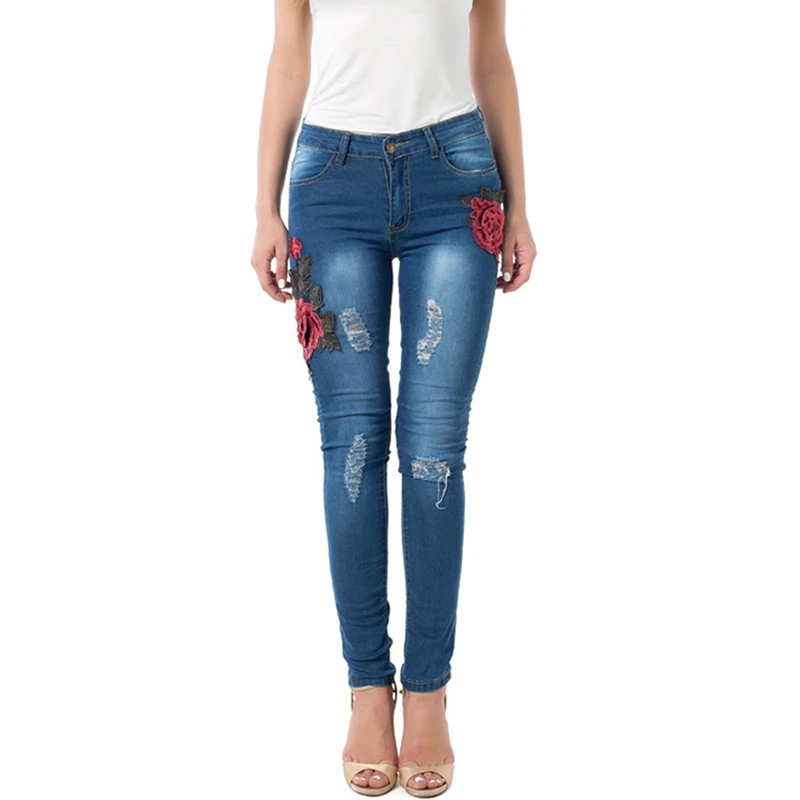 K237 Denim Blue YGYEEG плюс Размеры эластичные Рваные джинсы с потертостями 3D с цветочной вышивкой; женские джинсовые штаны брюки для Для женщин джинсы S-XXXL - Цвет: K237 Denim Blue