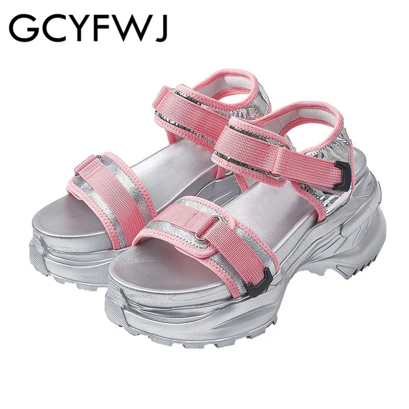 GCYFWJ/летние модные разноцветные сандалии на платформе с петлей и цветной крючок женские кожаные туфли ярких цветов с открытым носком XF211 - Цвет: Pink