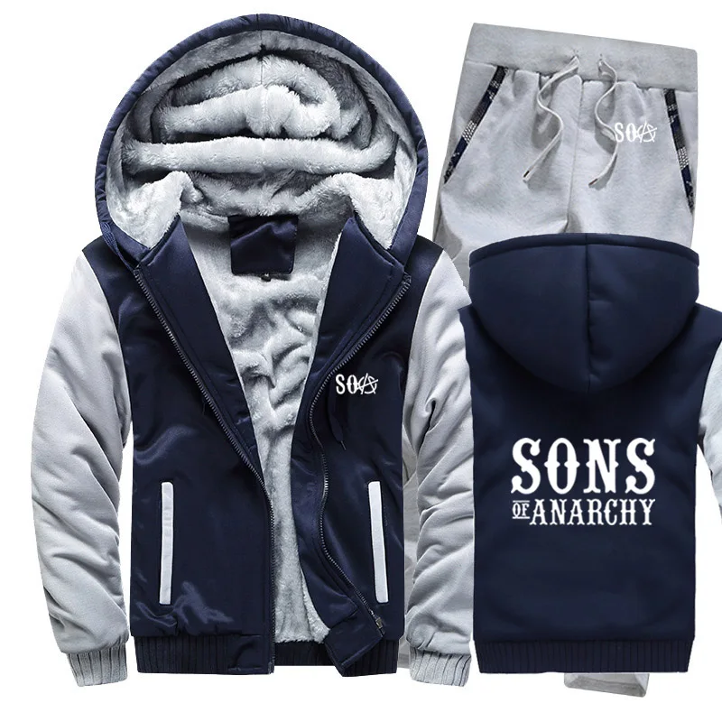 SOA Sons of толстовки анархия мужской костюм Зимние флисовые утепленные пальто на молнии свитшоты, мужские худи куртка+ брюки комплекты из 2 предметов - Цвет: 805