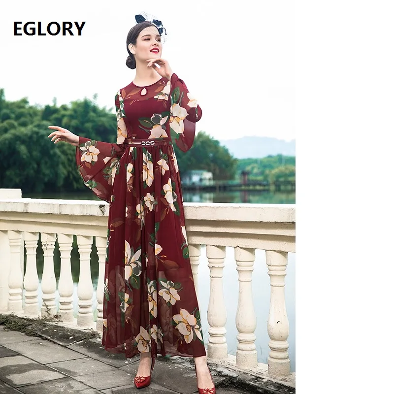 

Top Quality Women Evening Party Long Dress Spring Summer Autumn Ladies Wine Red Print Metal Chain Flare Sleeve Dress Maxi XXXL