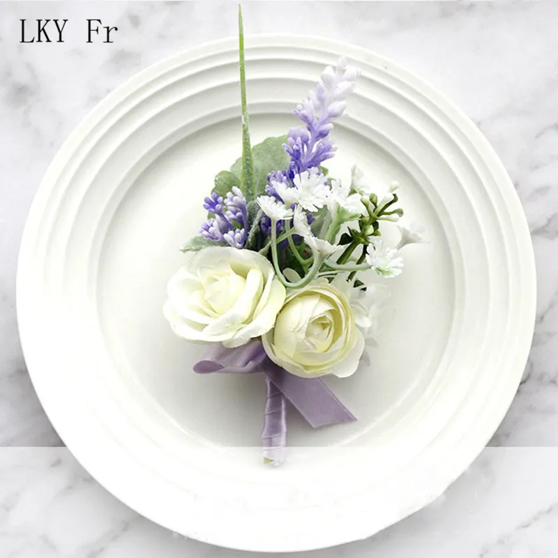 Свадебный корсаж на булавке цветок Шелковая Роза белый фиолетовый свадебный