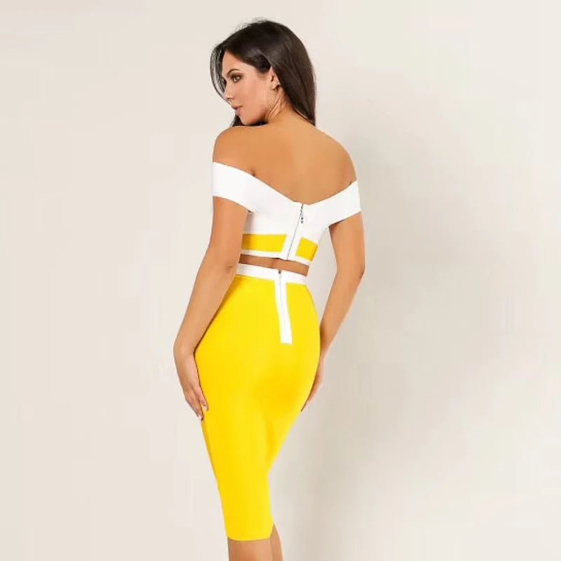 Бандажное платье Для женщин с открытыми плечами желтого и белого цветов, из кусков, облегающее два Комплект из 2 предметов элегантный Платье для вечеринки летние платья