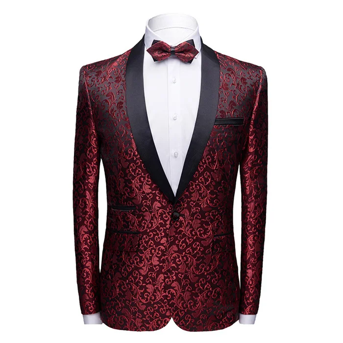 wine red Мужские однобортные шали костюмы с воротом и блейзеры винно-красный жаккард Тонкий Блейзер мужские вечерние свадебные выпускные смокинг-пиджак Hombre - Цвет: wine red