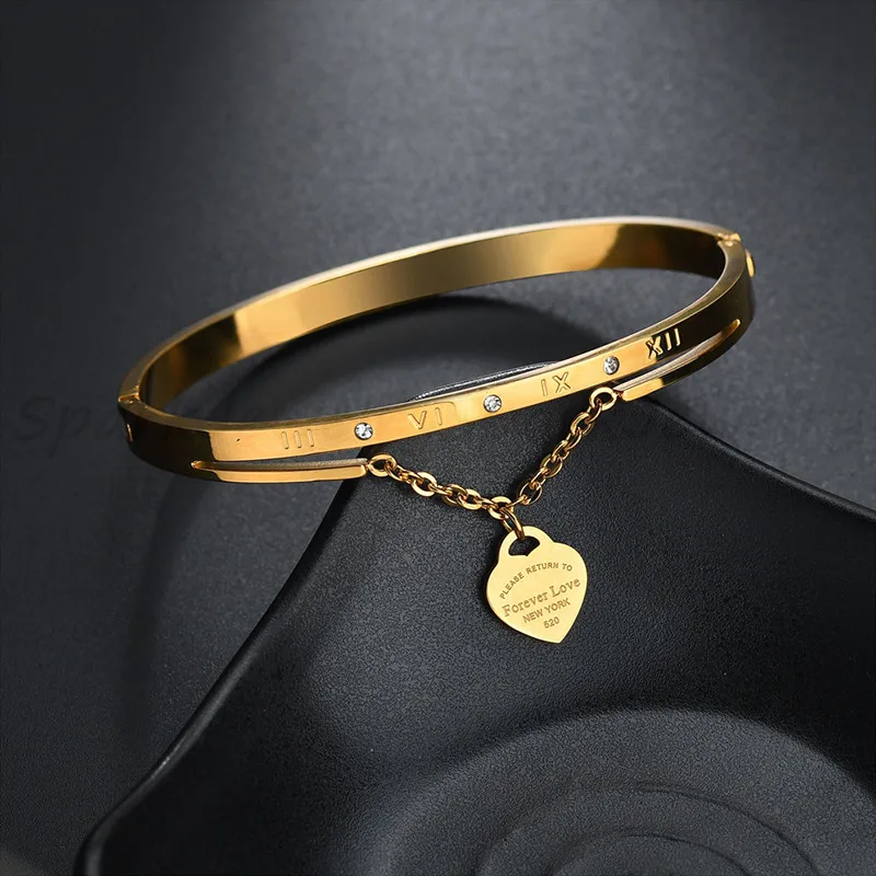 Gold color Spark роскошный браслет «любовь навсегда» сердце браслет из нержавеющей стали с цирконием Numberal браслеты на запястье для женщин подарок на день Святого Валентина Pulsera - Окраска металла: Gold color