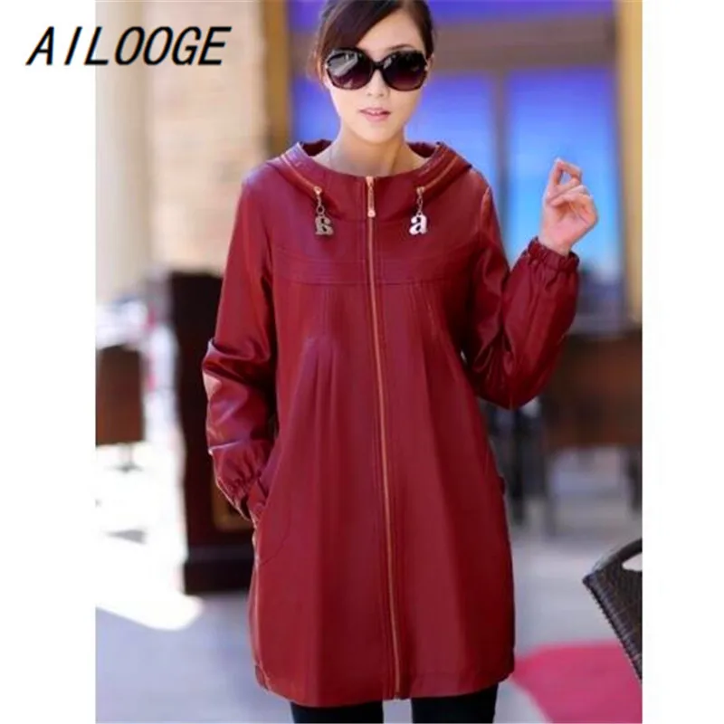 AILOOGE размера плюс XL 2XL 3XL 4XL 5XL кожаная куртка для женщин кожаное пальто длинное Весна Зима повседневные Модные женские куртки - Цвет: Red
