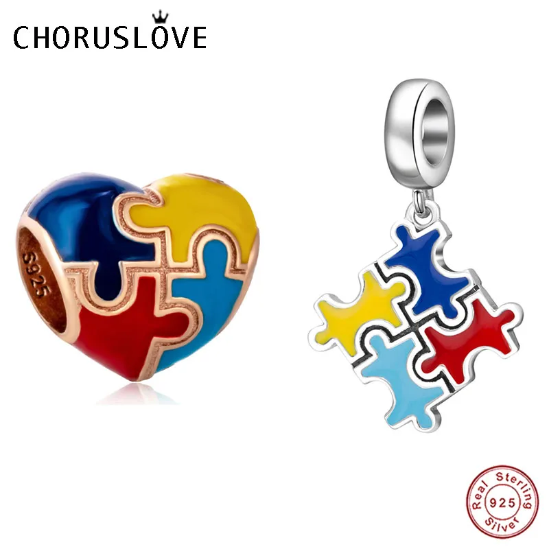 Choruslove Autism паззл мотаться Шарм 925 пробы серебро любовь сердце бусы fit Pandora талисманы DIY браслет ювелирных изделий