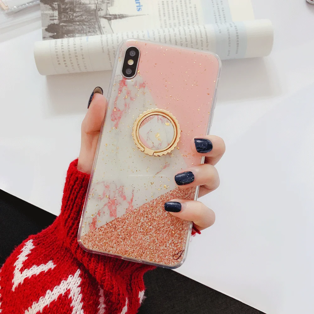 Геометрический мраморный чехол для IPhone X XS Max, блестящий золотой фольги, чехол для IPhone 8 7 6s Plus, TPU, задняя крышка, металлический палец, кольцо, держатель, чехол - Цвет: 6