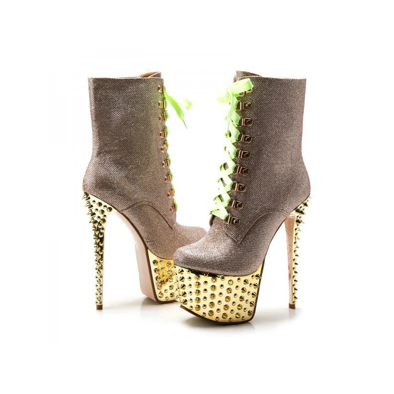 Обувь для стриптиза с заклепками золотого и шампанского ботинки на шнуровке