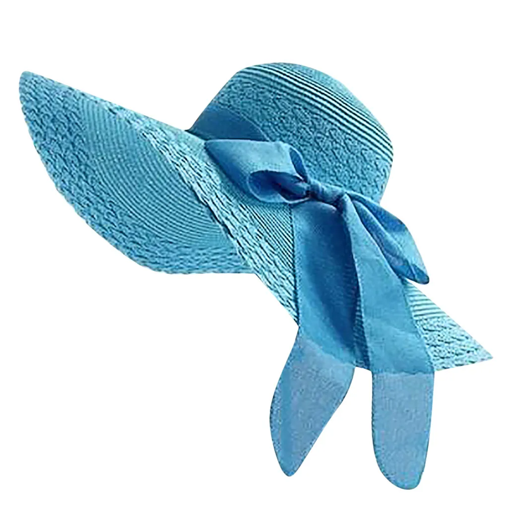 Sky Blue Модная соломенная шляпа для Для женщин летние Повседневное широкий с полями, солнце Кепки с галстуком-бабочкой женские пляжный отдых Шапки большой козырек флоппи-Chapeau@ 45 - Цвет: Sky Blue