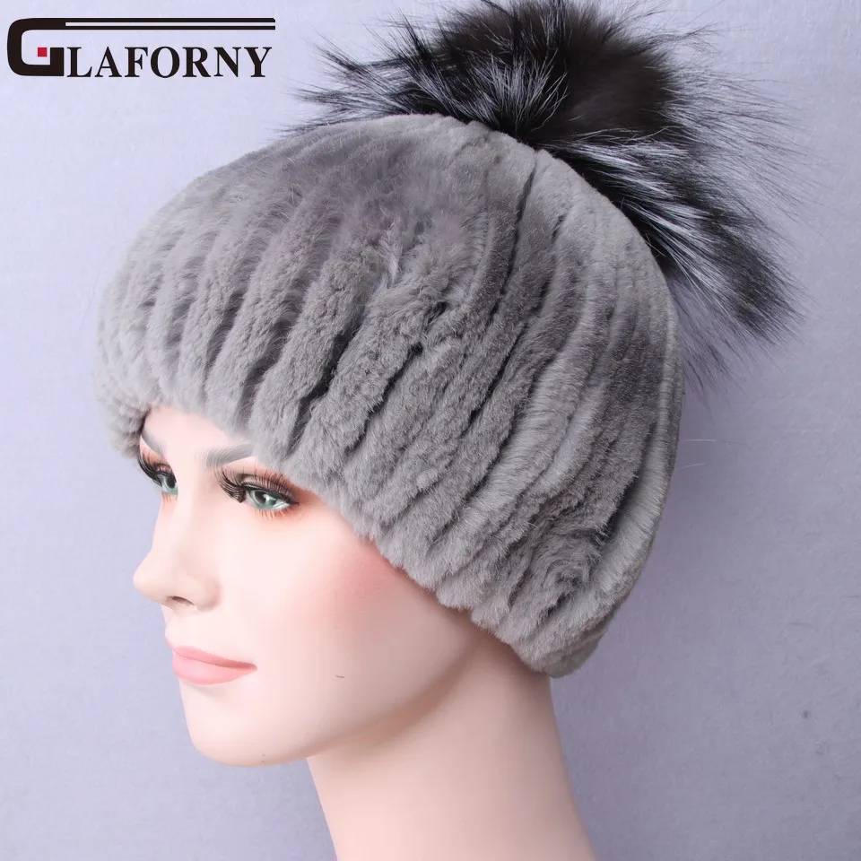 Glaforny Новинка года модные женские туфли зимняя шапка с Silver Fox Мех животных Топ женский эластичный вязаный кепки зима кролика рекс