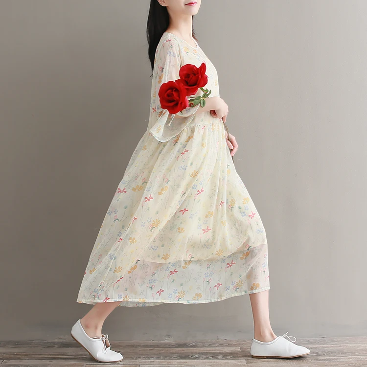 Новое модное летнее платье девушка Мори милое Vestidos женский комплект из двух предметов с цветочным принтом платья шифоновые длинные бежевый синий одежда