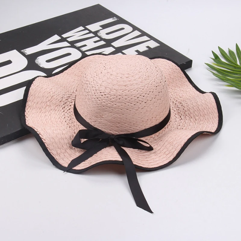 light pink Шляпа от солнца, женская соломенная шляпа с большими полями, широкополая шляпа от солнца, шляпы с широкими полями, новинка, бант, складная пляжная шапка, Chapeu Praia Mulher - Цвет: light pink