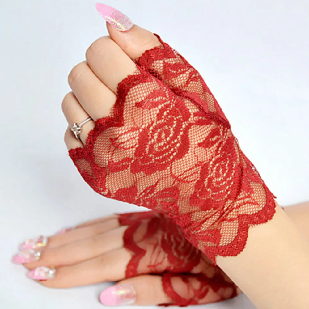 Женские прозрачные кружевные перчатки без пальцев с цветочным принтом летние