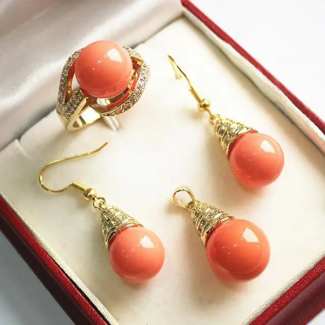 

noble new jewelry salmon pink 18KGP + 12mm shell pearl pendant, earring, , ring set (D)
