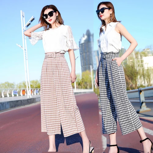 2019 новые летние штаны с высокой талией Свободные корейские брюки-Палаццо с карманами клетчатые винтажные повседневные модные укороченные