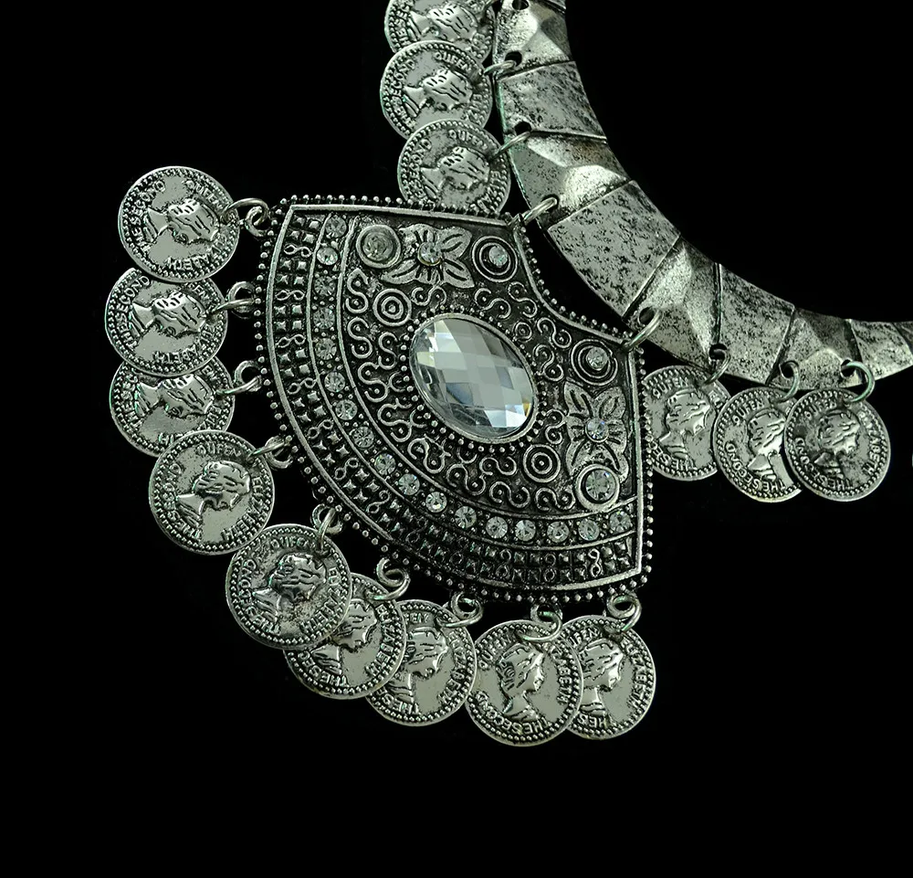 Винтаж Boho стильный нагрудник Монета Длинные ожерелье заявление Макси ювелирные изделия Цыганский Племенной серебристого металла Цепочки