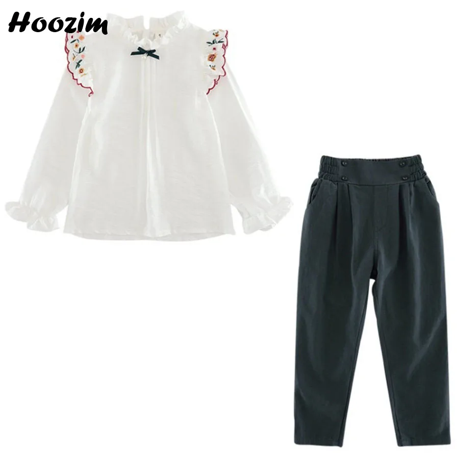 

Spring Teenage Girls Clothing Set 10 11 12 Age Princess Ruffle Embroidery Floral Chiffon Tops+Pants Children Cute Suit For Girls