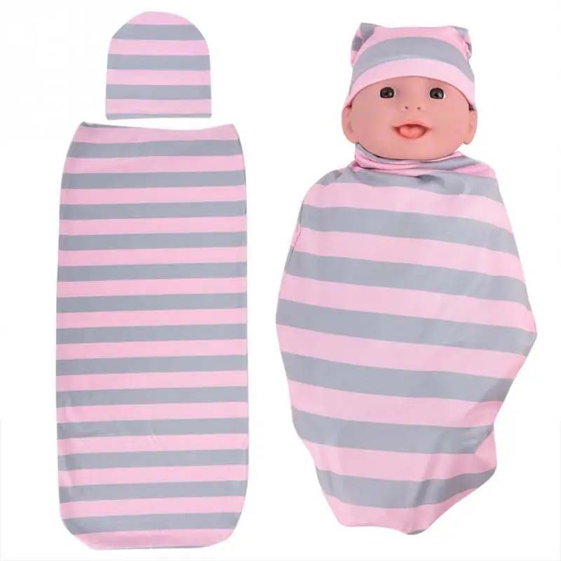 gray and pink stripe Для новорожденных пеленать одеяло с шапками набор пеленок детское одеяльце для сна модные милые хлопковые одежда для малышей накидка для детской коляски - Цвет: gray and pink stripe