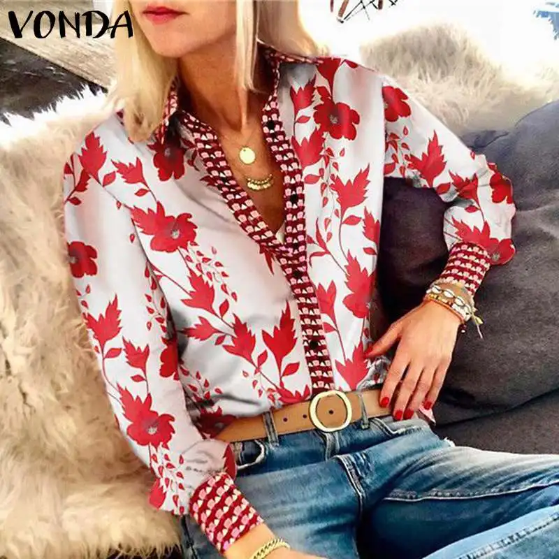 VONDA, женская блузка, плюс размер, топы,, Ретро стиль, цветочный принт, рубашки, повседневные, свободные, сексуальные, v-образный вырез, длинный, с пышными рукавами, Blusas Femininas