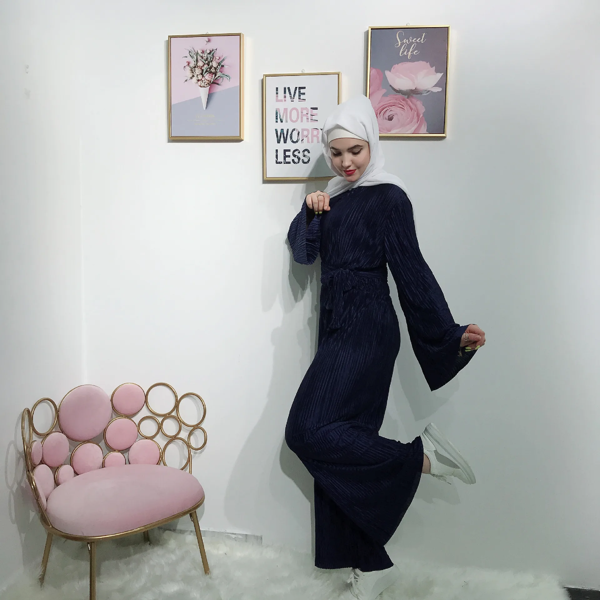 female new summer and beignning autumn 5-color XL pleated trumpet sleeve loose jumpsuit