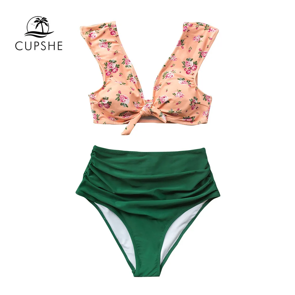 Günstige CUPSHE Front knoten Rosa Blumen Und Grün High taille Bikini Sets Sexy Badeanzug Zwei Stück Bademode Frauen 2019 strand Badeanzug