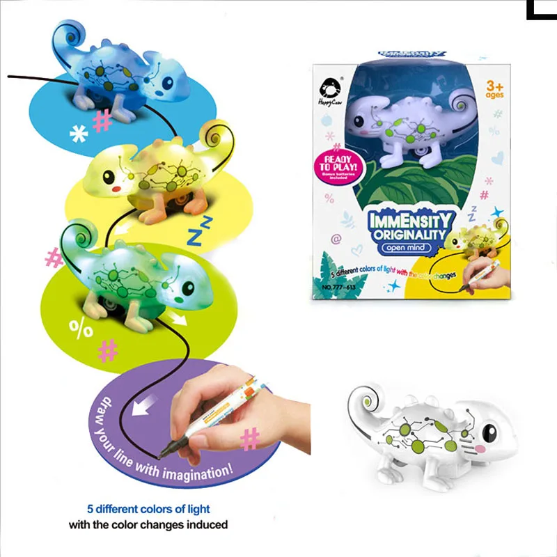 

Kids Magic Inductive Chameleon Model Toy [Follows Black Line] with 5 Changeable Colors + 5 Different Sound +Black Pen Magic Toy