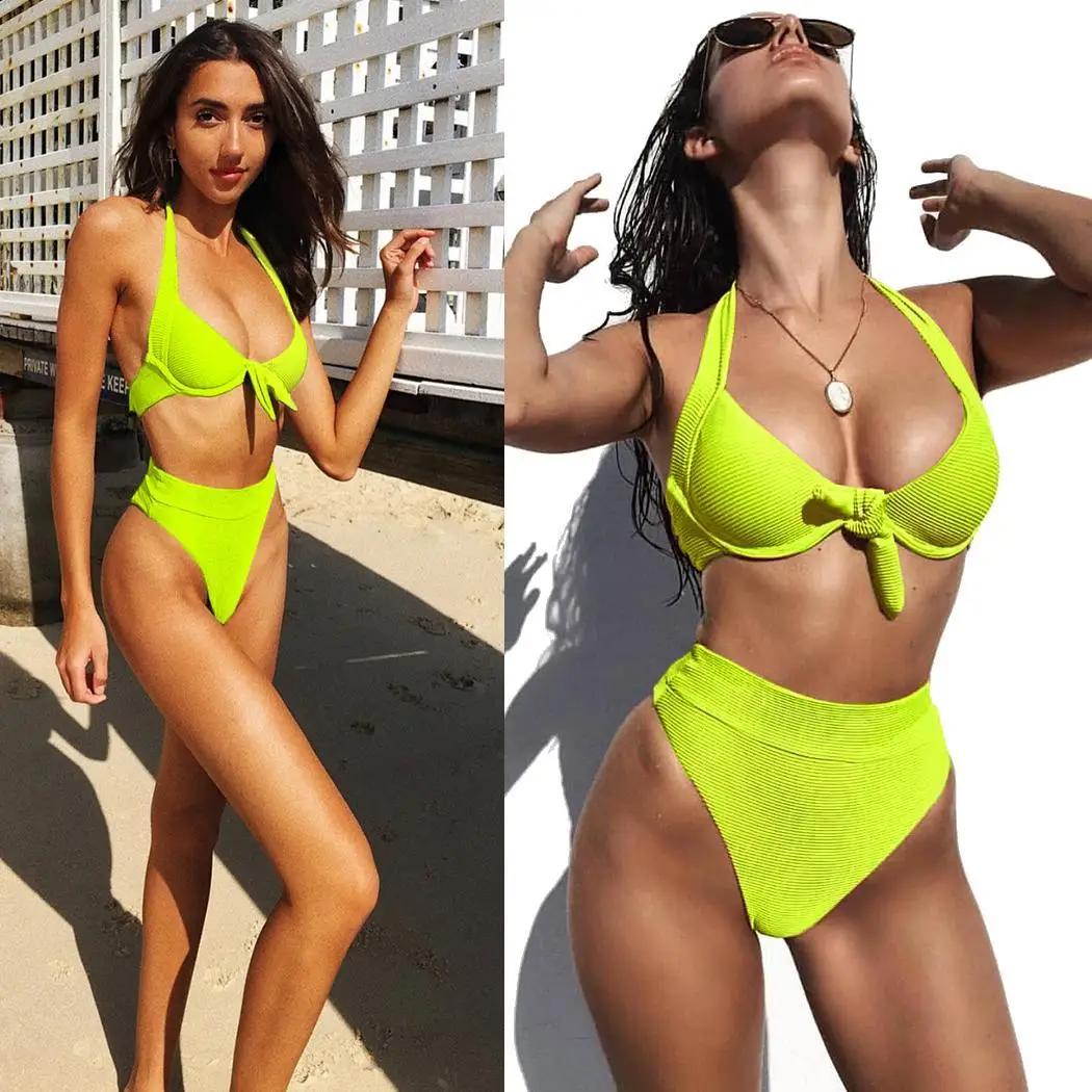 

Women Summer Fluorescence Color High Waist Bikini Swimsuit Under Wire Set Padded Casual, Beach, Pool Slim