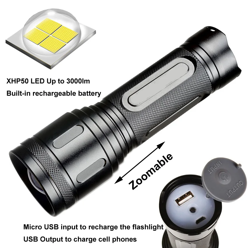 

XHP50 XHP70 High Power 3000lm Torch Light USB Rechargeable Powerful Zoom Flashlight camp cycle has Built-in 32650 li-ion battery