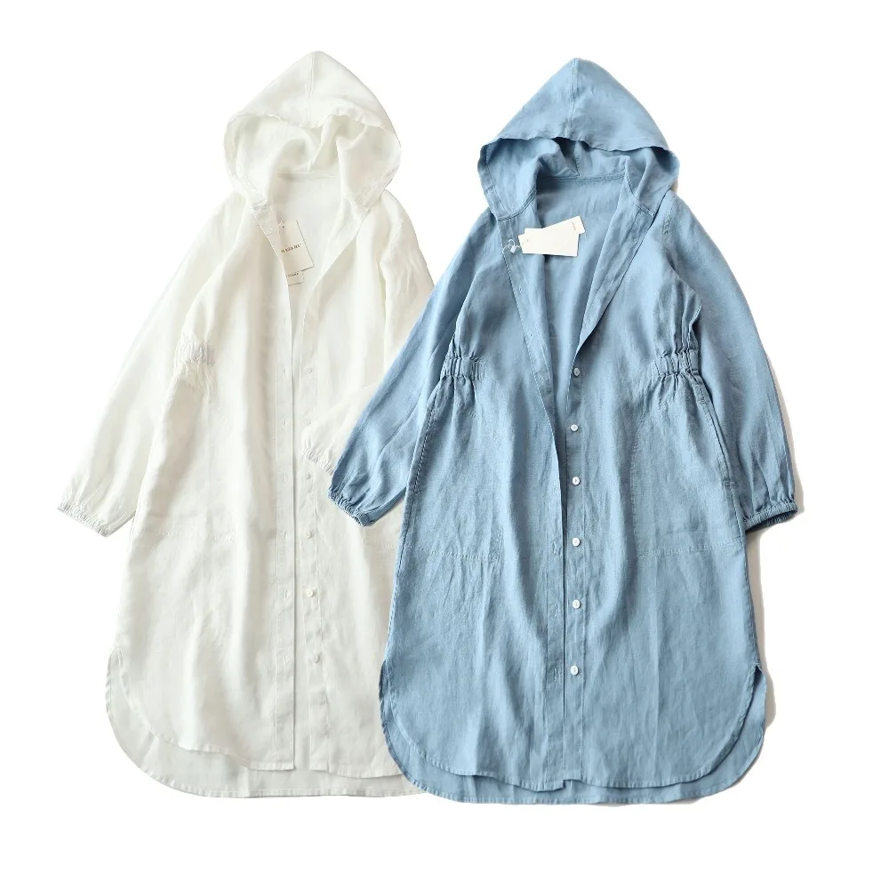 

Spring Summer Women Loose Plus Size All-match Long Soft Comfortable Hooded Elastic Waist Water Washed Linen Coats Trench