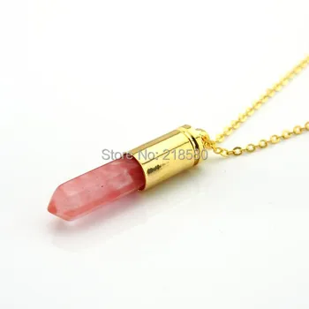 

MPN0207 Healing Crystal Point Necklace,Stawberry Quartz Hexagon Necklace, Gold or Silver Bullet Necklace