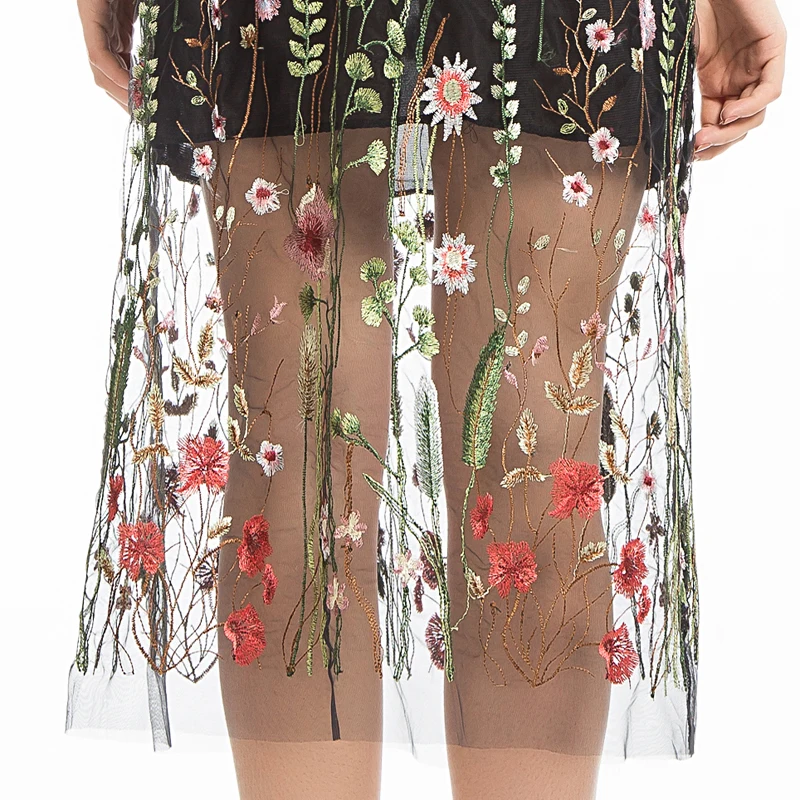 LERFEY Вышивка Цветочные Midi Юбки Лето Высокой Талией Черный Юбка Повседневная Сетки Тюль Юбка Saias Faldas Mujer Новая Одежда