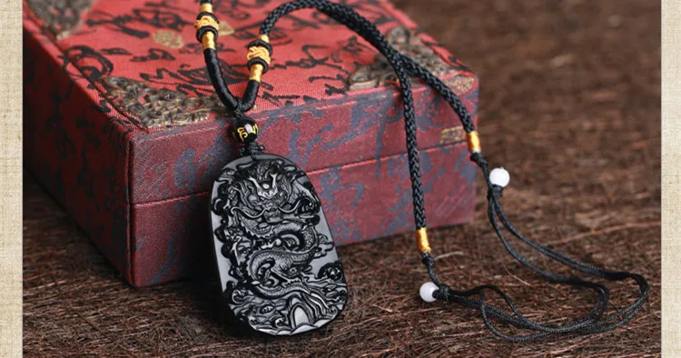 with rope chain QIANXU, Прямая поставка, Черный Дракон из обсидиана, ожерелье, кулон, Нефритовый Кулон, ювелирное изделие, хорошее ювелирное изделие - Цвет камня: with rope chain