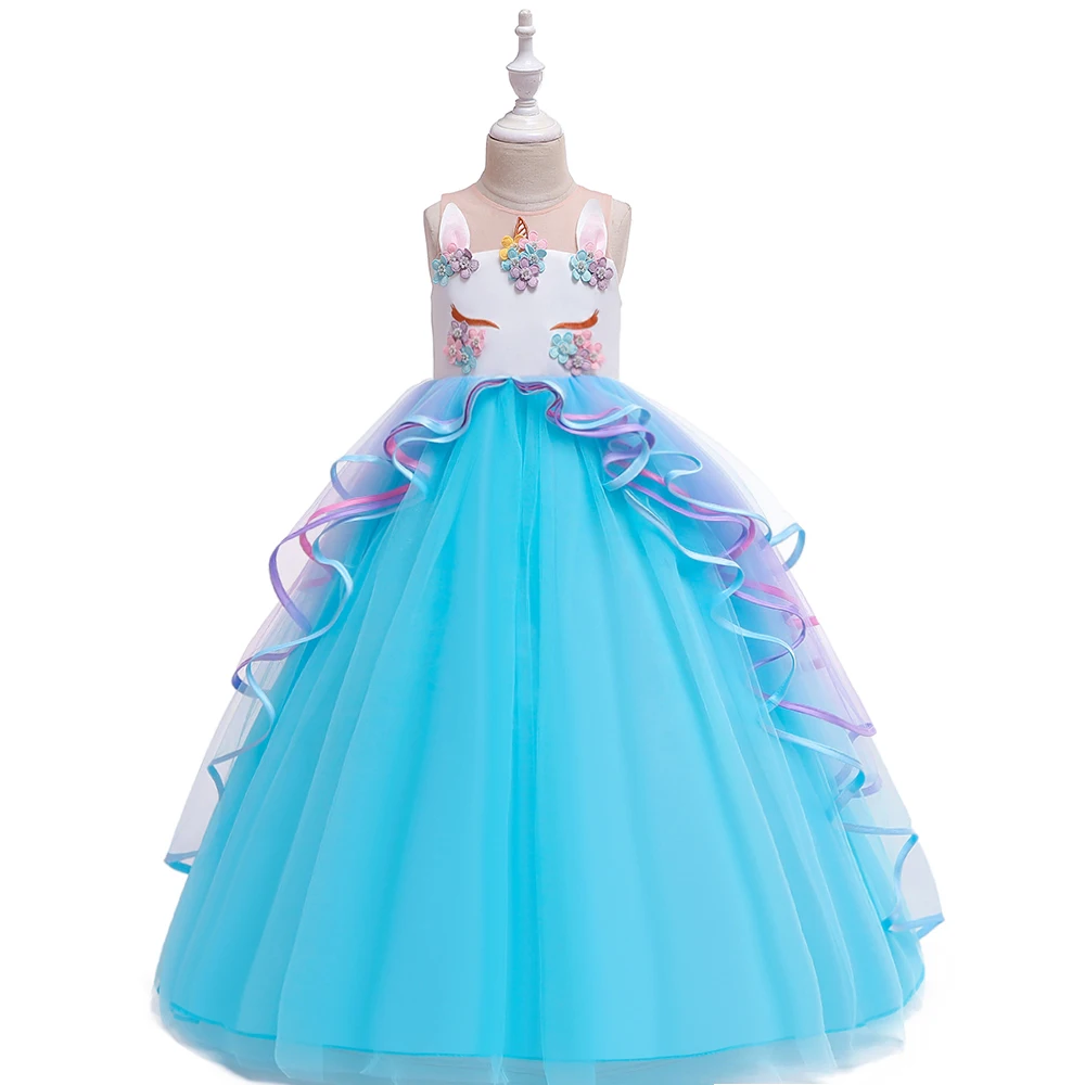 Платья с единорогом для девочек, пасхальное платье принцессы Детский карнавальный костюм с единорогом, Детские платья для девочек, праздничное платье для детей от 6 до 14 лет - Цвет: Blue