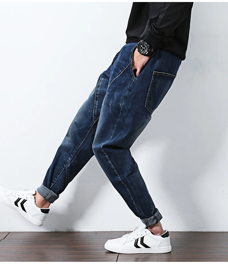 Повседневные мужские джинсы в стиле пэчворк, весенне-Осенние эластичные джинсы-карандаш с заниженным шаговым швом, мужские шаровары в стиле хип-хоп, уличная одежда, джинсы