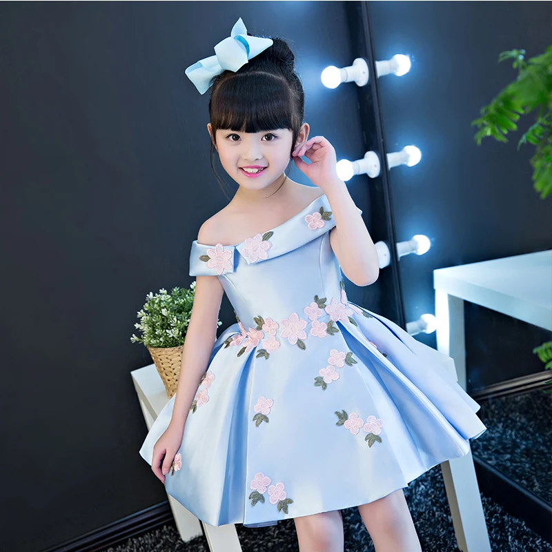 2017 New Korean Sweet Pink Blue Color Girls Princess Party Dress Children Kids Wedding Birthday