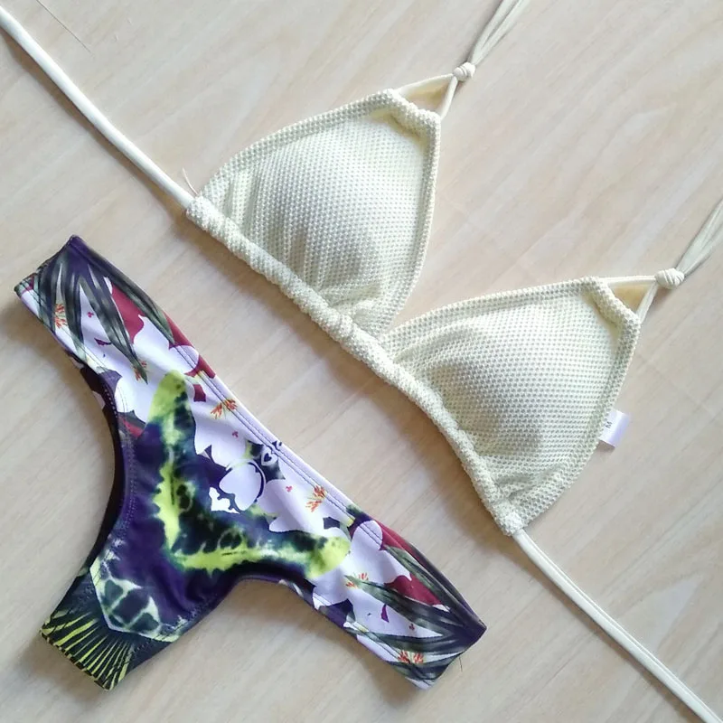 2018 New Sexy Bikini Set Floral Print White Mesh Crochet Bikini Halter