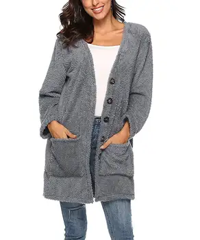

Dreamskull Women's Casual Fleece Warm Long Sleeve Open Front Faux Shearling Plush Long Cardigan Outwear with Pockets