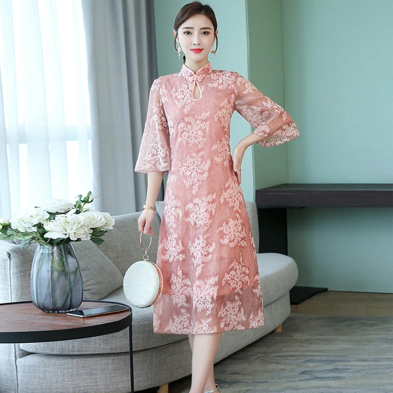 Mother's Summer Dress Cheongsam Middle-aged Woman's Chinese Style Printed Pink Dresses Hollow Out