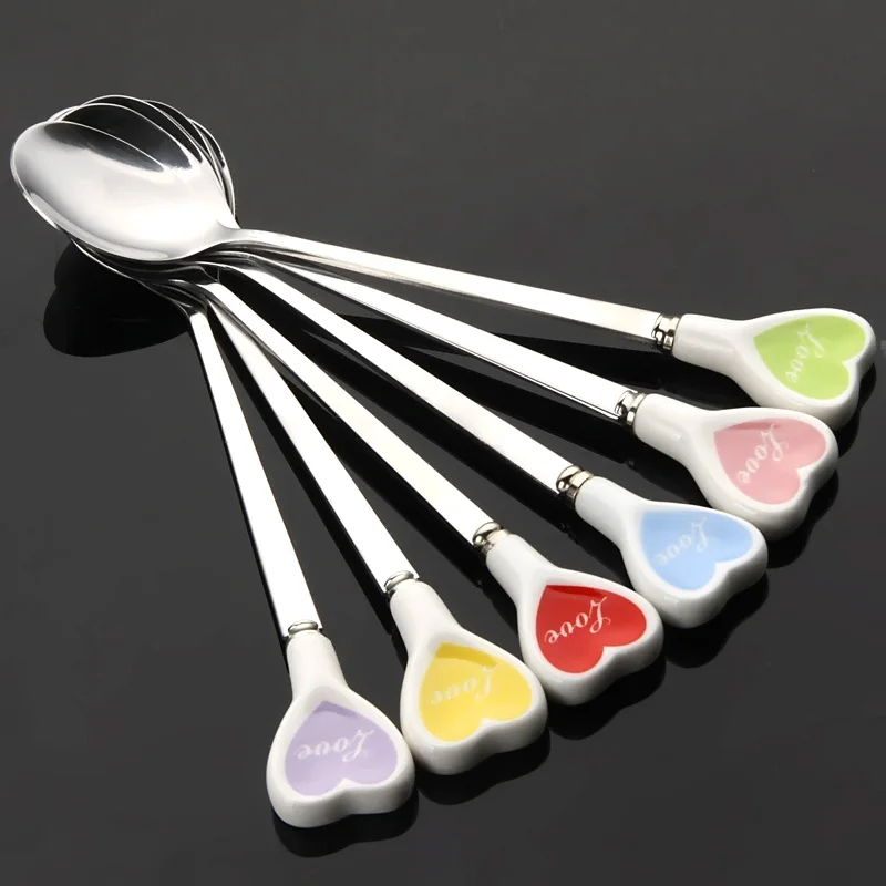 Love Spoon Kitchen Stainless Steel Kids Soup Spoons Colorful Ceramic