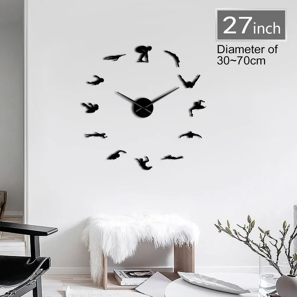 Swimming Sport 3D DIY Wall Clock Unique Gift For Swimmer Mirror Surface Quiet Sweep Clock Watch Athlete Fashion Home Decoration