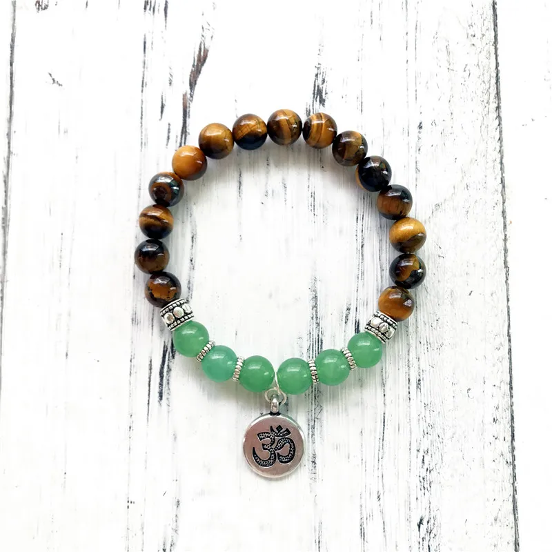 

Yellow Tiger Eye Stone And Green Aventurine Bracelet Yoga Mala Bracelets Fashion OM Bracelet For Men & Women