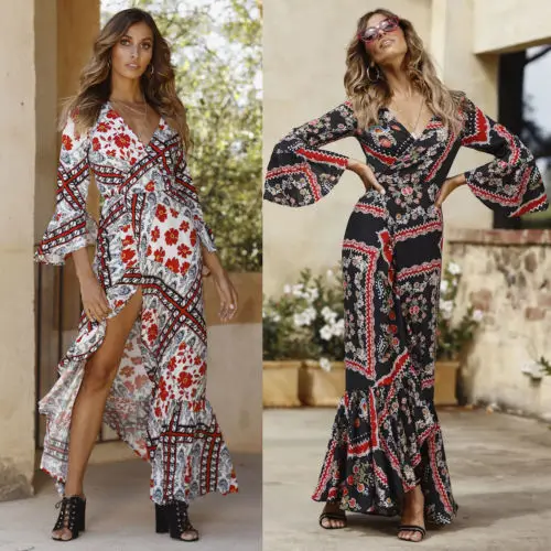 Модные женские туфли Лето Boho шифон Вечерние Пляжные наряды с длинным рукавом Высокая Талия Длинные платья Макси Сарафан
