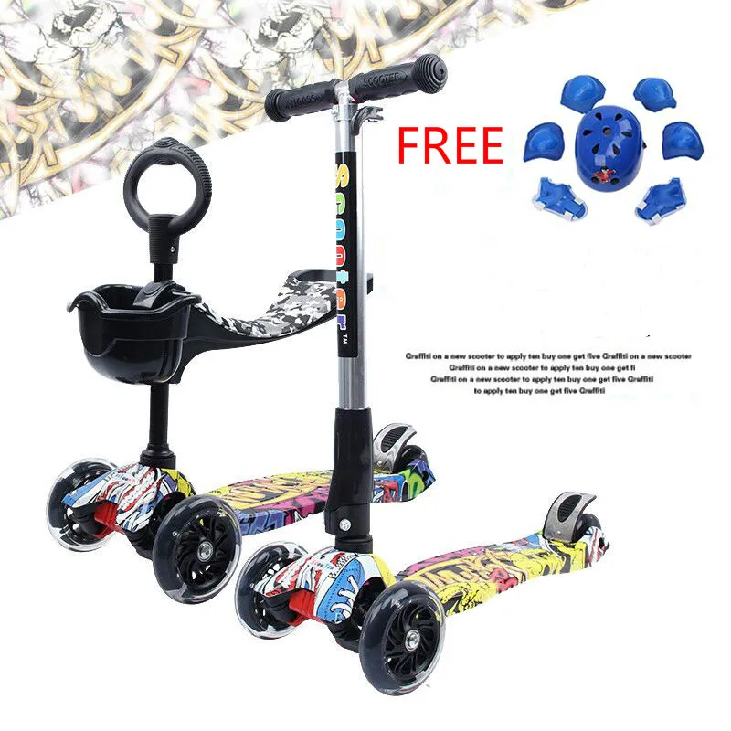 3 in 1 kick scooter suit for 1-10 years old child adjus handle child scooter flash wheels scooter with safe harness fold scooter