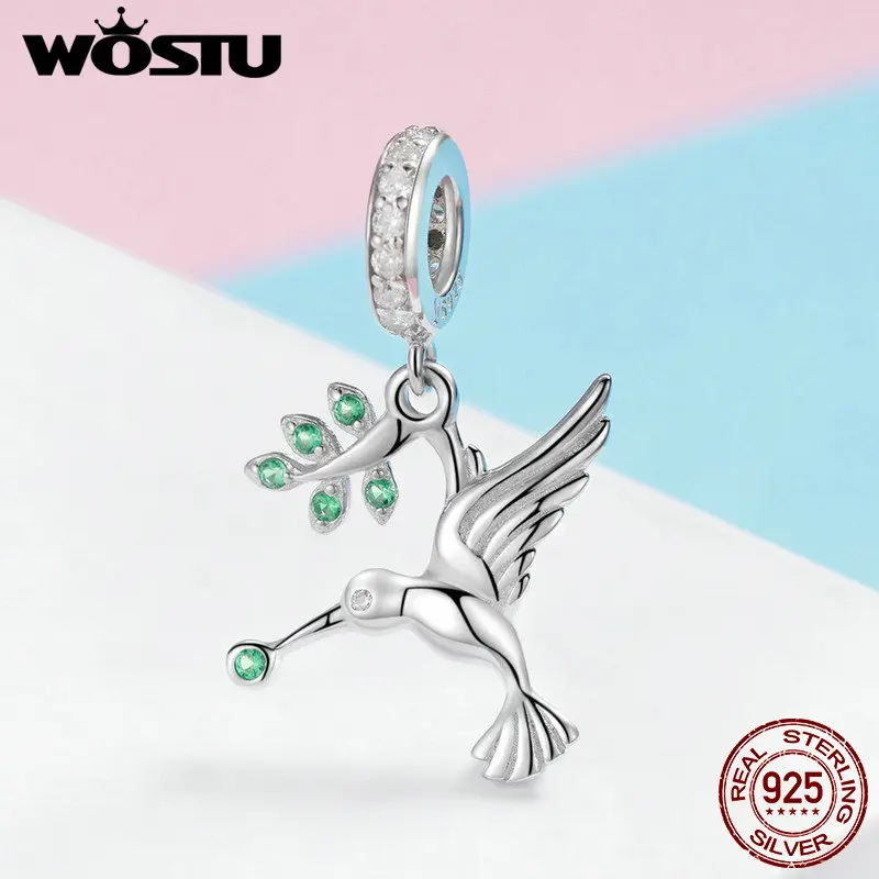 WOSTU,, 925 пробы, Серебряная птица, клюет, Зеленый лист, болтается, подходит для браслета и ожерелья, кулон, элегантные ювелирные изделия CQC982